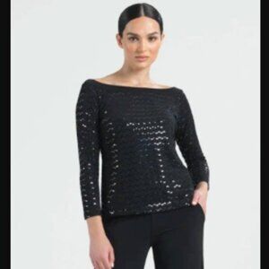 Clara Sun Woo Large Black Sequins Stretch Boat Neck 3/4 Sleeve Top Evening